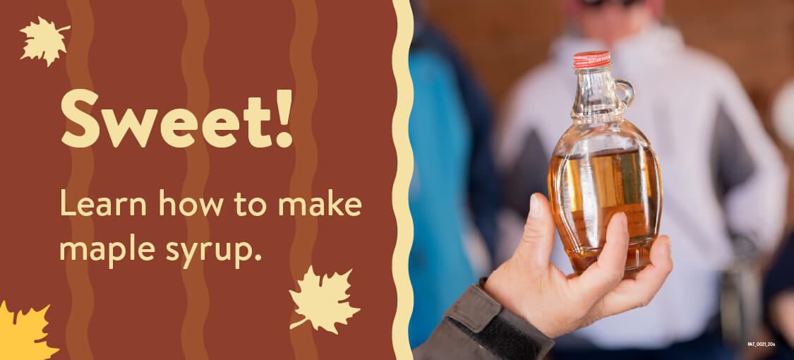 Sweet! Learn how to make maple syrup. A person is holding an unlabeled bottle of maple syrup.