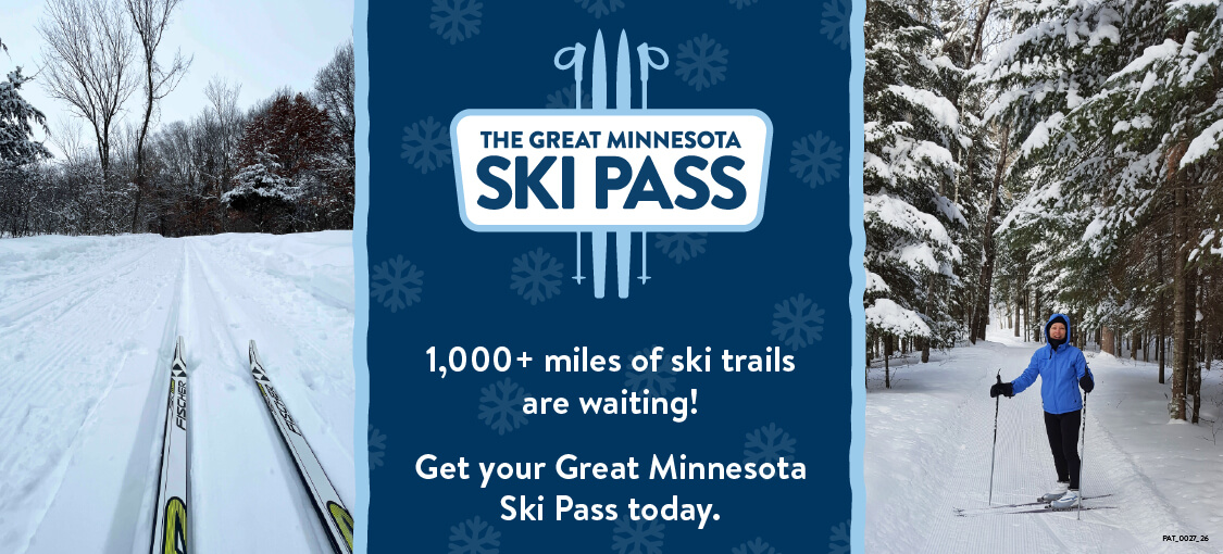 The great Minnesota ski pass. One thousand miles plus of ski trails are waiting! Get your great Minnesota ski pass today. Skiers on snowy trails in the forest